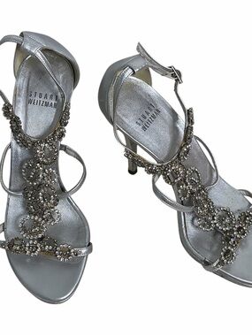 Stuart Weitzman Silver Jeweled T-Strap heels